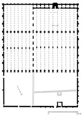 Great Mosque Plan (Cordoba)
Cordoba Spain, Umayyad 785-786
Double-arched columns articulatd in alternating bands of color on each voussoir
Light, open, airy interior
Horseshoe-shaped arches have a tradition in Visigothic Spain and Roman architecture
Hypostyle mosque with no central focus or congregational worship
Original wooden ceiling replaced by vaulting
Complex dome over mihrab with elaborate squinches
Columns are spolia from ancient Roman structures
Relatively short columns made ceilings low, doubling of arches enhances interior space influenced by previous Roman aqueducts
Kufic calligraphy on the walls
Built on site of a church, after Christian reconquest center of the mosque was used for a church Great Mosque Plan (Cordoba)
Cordoba Spain, Umayyad 785-786
Double-arched columns articulatd in alternating bands of color on each voussoir
Light, open, airy interior
Horseshoe-shaped arches have a tradition in Visigothic Spain and Roman architecture
Hypostyle mosque with no central focus or congregational worship
Original wooden ceiling replaced by vaulting
Complex dome over mihrab with elaborate squinches
Columns are spolia from ancient Roman structures
Relatively short columns made ceilings low, doubling of arches enhances interior space influenced by previous Roman aqueducts
Kufic calligraphy on the walls
Built on site of a church, after Christian reconquest center of the mosque was used for a church