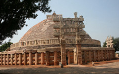 Great Stupa at Sanchi. Madhya Pradesh, India. Buddhist; Maurya, late Sunga Dynasty. 300 bce to 100 ce stone masonry, sandstone on dome Great Stupa at Sanchi. Madhya Pradesh, India. Buddhist; Maurya, late Sunga Dynasty. 300 bce to 100 ce stone masonry, sandstone on dome