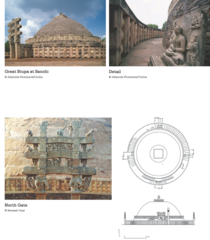 Great Stupa at Sanchi
Madhya Pradesh India, Buddhist, Maurya, 300 B.C.E.-100 C.E.
Buddhist shrine, mound shaped and faced with dressed stone
3 umbrellas at top represent Buddha, Buddha's Law, and the monastic orders
Railing at crest of mound surrounds the umbrellas symbolically a sacred tree
Double stairway at south end leads from base to drum where there is a walkway for circumambulation
Originally painted white
Hemispherical dome, replication of the dome of heaven
Four toranas at entrances, at cardinal points of the compass
Torana is a carved scene on architraves where Buddha not shown but symbolized by empty throne or tree where he would have meditated, some reliefs also represent sacred sites where the Buddha visited
Horror vacui composition, high relief
600 donors have inscriptions carved into the stupa showing project was funded by both women and men, common people and monks Great Stupa at Sanchi
Madhya Pradesh India, Buddhist, Maurya, 300 B.C.E.-100 C.E.
Buddhist shrine, mound shaped and faced with dressed stone
3 umbrellas at top represent Buddha, Buddha's Law, and the monastic orders
Railing at crest of mound surrounds the umbrellas symbolically a sacred tree
Double stairway at south end leads from base to drum where there is a walkway for circumambulation
Originally painted white
Hemispherical dome, replication of the dome of heaven
Four toranas at entrances, at cardinal points of the compass
Torana is a carved scene on architraves where Buddha not shown but symbolized by empty throne or tree where he would have meditated, some reliefs also represent sacred sites where the Buddha visited
Horror vacui composition, high relief
600 donors have inscriptions carved into the stupa showing project was funded by both women and men, common people and monks