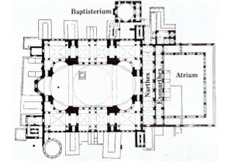 Hagia Sophia Plan
Constantinople Anthemius of Tralles and Isidorus of Miletus 523-537 C.E., Brick/Ceramic elements with stone and mosaic veneer
Commisioned by Justinian showing his power after the Nike Revolt of 532
Combo of centrally planned church and axial planned basilican church
Exterior is plan yet massive
Central dome made with no supports beneath it done by using pendentives supported by large piers
Half domes to each side of the main dome helps spread out the weight
40 windows placed at bottom of domes making it seem like they are floating
Large gold mosaics once covered the walls
Marble brought from across the empire
Minarets added during the islamic period when building made into a mosque Hagia Sophia Plan
Constantinople Anthemius of Tralles and Isidorus of Miletus 523-537 C.E., Brick/Ceramic elements with stone and mosaic veneer
Commisioned by Justinian showing his power after the Nike Revolt of 532
Combo of centrally planned church and axial planned basilican church
Exterior is plan yet massive
Central dome made with no supports beneath it done by using pendentives supported by large piers
Half domes to each side of the main dome helps spread out the weight
40 windows placed at bottom of domes making it seem like they are floating
Large gold mosaics once covered the walls
Marble brought from across the empire
Minarets added during the islamic period when building made into a mosque