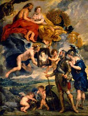 Henri IV Recieves Portrait Marie de Medici
Peter Paul Rubens, 1621-1625, Oil on Canvas
Baroque
Part of cycle of 21 paintings telling the life of Marie de Medici, Queen of France, Wife of Henri IV
Henri IV is awed by the beauty of his future wife
Portrait is held by Cupid and Hymen (Love and Marriage)
Jupiter and Juno look down at the scene symbolic of marital harmony, identifiable by the eagle with the lightning bolt and the peacock
Royalty considered demi-gods, approal of mythological mods in concert with their beliefs about themselves
Common for portraits to be exchanged before a marriage
Personification of France stands behind Henri, urges him to marry her for the goodness of French politics
She wears a masculine war helmt with manly legs
Putti at bottom holding a war helmet showing that Henri has chosen love over war
Diagonals bring viewers attention to the portrait then up to Jupiter and below to the awe struck Henri Henri IV Recieves Portrait Marie de Medici
Peter Paul Rubens, 1621-1625, Oil on Canvas
Baroque
Part of cycle of 21 paintings telling the life of Marie de Medici, Queen of France, Wife of Henri IV
Henri IV is awed by the beauty of his future wife
Portrait is held by Cupid and Hymen (Love and Marriage)
Jupiter and Juno look down at the scene symbolic of marital harmony, identifiable by the eagle with the lightning bolt and the peacock
Royalty considered demi-gods, approal of mythological mods in concert with their beliefs about themselves
Common for portraits to be exchanged before a marriage
Personification of France stands behind Henri, urges him to marry her for the goodness of French politics
She wears a masculine war helmt with manly legs
Putti at bottom holding a war helmet showing that Henri has chosen love over war
Diagonals bring viewers attention to the portrait then up to Jupiter and below to the awe struck Henri