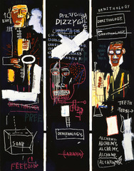 Horn Players
Jean-Michel Basquiat. 1983 C.E. Acrylic and oil paintstick on three canvas panels
Honed his signature painting style of obsessive scribbling, elusive symbols and diagrams, and mask-and-skull imagery by the time he was 20. Horn Players
Jean-Michel Basquiat. 1983 C.E. Acrylic and oil paintstick on three canvas panels
Honed his signature painting style of obsessive scribbling, elusive symbols and diagrams, and mask-and-skull imagery by the time he was 20.