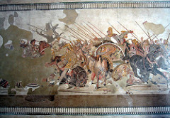 ID: Alexander Mosaic from the House of Faun. Ancient Mediterrean. Pompeii, Republican Roman. c. 100 BCE. Mosaic
Form: roman copy of Greek, new art form, highly detailed, light source, realistic depth, dramatic and violent images, one level, facial expressions
function: to honor Alexander the Great
Content: its a battle between persians and romans
Context: Romans beat the Persians, Alexander was obsessed with conquest ID: Alexander Mosaic from the House of Faun. Ancient Mediterrean. Pompeii, Republican Roman. c. 100 BCE. Mosaic
Form: roman copy of Greek, new art form, highly detailed, light source, realistic depth, dramatic and violent images, one level, facial expressions
function: to honor Alexander the Great
Content: its a battle between persians and romans
Context: Romans beat the Persians, Alexander was obsessed with conquest