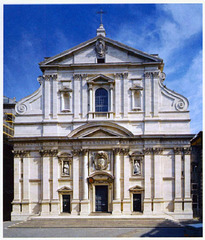 Il Gesu Church
Rome, 1574-1584, Brick/Marble, Done by Giacomo Della Porta
Baroque
Principal church of the Jesuit church
Engaged column grouping put emphasis on doorway
Tympana and pediment put over a central door
Crescendo of forms moving to the center
Two stories separated by a cornice, but brought together by the scrolls at the edges
Framed niche with window acts as a unifying central element
One large space, no aisles, used for grand ceremonies Il Gesu Church
Rome, 1574-1584, Brick/Marble, Done by Giacomo Della Porta
Baroque
Principal church of the Jesuit church
Engaged column grouping put emphasis on doorway
Tympana and pediment put over a central door
Crescendo of forms moving to the center
Two stories separated by a cornice, but brought together by the scrolls at the edges
Framed niche with window acts as a unifying central element
One large space, no aisles, used for grand ceremonies
