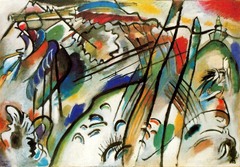 Improvisation 28
Vassily Kandinsky, 1912, Oil on Canvas
Expressionism (Der Blaue Reiter)
Kandinsky infatuated with theosophy and history and was able to understand new scientific developments of the time
Movement toward abstraction, representational objects suggested rather than depicted
Title derived from musical compositions
Strongly articulated use of black line
Colors seem to shad around the line forms
Felt that sound and color were linked
Gave musical titles to his works
Kandinsky wanted the viewer to respond to a painting the way one would to an abstract musical composition
Converyed feelings with color juxtapostions, intersecting lines, these abstractions would ledad to a more enlightened society emphasizing spirituality Improvisation 28
Vassily Kandinsky, 1912, Oil on Canvas
Expressionism (Der Blaue Reiter)
Kandinsky infatuated with theosophy and history and was able to understand new scientific developments of the time
Movement toward abstraction, representational objects suggested rather than depicted
Title derived from musical compositions
Strongly articulated use of black line
Colors seem to shad around the line forms
Felt that sound and color were linked
Gave musical titles to his works
Kandinsky wanted the viewer to respond to a painting the way one would to an abstract musical composition
Converyed feelings with color juxtapostions, intersecting lines, these abstractions would ledad to a more enlightened society emphasizing spirituality