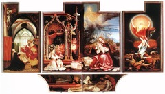 Isenheim Altarpiece Open
Matthias Grunewald, 1512-1516, Oil on Wood
Annunciation on the left
Mary holding baby Christ in center
Christ's spirit rising from the dead and his rags change to glorious robes showing that ones hardships in life will vanish in the next world Isenheim Altarpiece Open
Matthias Grunewald, 1512-1516, Oil on Wood
Annunciation on the left
Mary holding baby Christ in center
Christ's spirit rising from the dead and his rags change to glorious robes showing that ones hardships in life will vanish in the next world