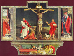 Isenheim altarpiece
Matthias Grünewald. c. 1512-1516 C.E. Oil on wood
Emphasizing the suffering and anguish of Christ and his mother's angst. With intense colors and dramatic lighting throughout, Grunewald included a Lamentation in the predella and Saints Sebastian and Anthony on the fixed wings. Isenheim altarpiece
Matthias Grünewald. c. 1512-1516 C.E. Oil on wood
Emphasizing the suffering and anguish of Christ and his mother's angst. With intense colors and dramatic lighting throughout, Grunewald included a Lamentation in the predella and Saints Sebastian and Anthony on the fixed wings.