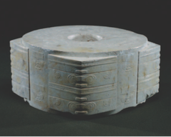 Jade Cong
China, 3300-2200 B.C.E.
Carved Jade
Circular hole inside a square
Abstract geometric design with 4 corners having mask-like images representing spirits/deities
Jade found in tombs of elite and linked with virtues of durability, solidity, and beauty
Neolithic Liangzhu China Jade Cong
China, 3300-2200 B.C.E.
Carved Jade
Circular hole inside a square
Abstract geometric design with 4 corners having mask-like images representing spirits/deities
Jade found in tombs of elite and linked with virtues of durability, solidity, and beauty
Neolithic Liangzhu China