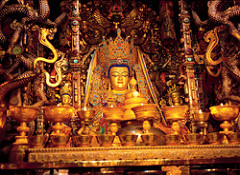 Jowo Rinpoche, enshrined in the Jokhang Temple
Lhasa, Tibet. Yarlung Dynasty. Believed to have been brought to Tibet in 641 C.E. Gilt metals with sempirecious stones, pearls, and paint; various offerings
The Jowo Rinpoche statue, Tibet's most revered religious icon, was made in India by Vishakarma during Buddha Shakyamuni's lifetime. At the time of the Buddha, there were only two statues of this type. The other one is still at Bodhgaya. Jowo Rinpoche, enshrined in the Jokhang Temple
Lhasa, Tibet. Yarlung Dynasty. Believed to have been brought to Tibet in 641 C.E. Gilt metals with sempirecious stones, pearls, and paint; various offerings
The Jowo Rinpoche statue, Tibet's most revered religious icon, was made in India by Vishakarma during Buddha Shakyamuni's lifetime. At the time of the Buddha, there were only two statues of this type. The other one is still at Bodhgaya.