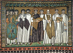 Justinian Panel San Vitale
Justinian shows his power away from the center of the empire
Wears purple and gold, colors of imperial rule
Surrouned by religious figures, his court, and military, symbolizing he had authority over all aspects of life
Holds a bread bowl symbolizing Eucharist
Halo shows divine authority
Flat figures, not concerend with reality
Gold background common to Byzantine art Justinian Panel San Vitale
Justinian shows his power away from the center of the empire
Wears purple and gold, colors of imperial rule
Surrouned by religious figures, his court, and military, symbolizing he had authority over all aspects of life
Holds a bread bowl symbolizing Eucharist
Halo shows divine authority
Flat figures, not concerend with reality
Gold background common to Byzantine art