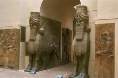 Lamassu from Citadel of Sargon II
Neo-Assyria, 720-705 B.C.E,
Alabaster
Male-headed winged animal guardian figures
Five legs, 4 when looking from profile view that seem to be in motion, 2 when looking from frontal view that seem to be stationary protecting the structure
Very decorative/ ornamental representation of the animals with many detailed patterns like the beard and wings
Meant to ward off enemies both visible and invisible
Has a feeling of harmony and stability
Carved out of one piece of stone
Stand in front of structures guarding and providing them protection
Had structural use as it helped support the column overhead Lamassu from Citadel of Sargon II
Neo-Assyria, 720-705 B.C.E,
Alabaster
Male-headed winged animal guardian figures
Five legs, 4 when looking from profile view that seem to be in motion, 2 when looking from frontal view that seem to be stationary protecting the structure
Very decorative/ ornamental representation of the animals with many detailed patterns like the beard and wings
Meant to ward off enemies both visible and invisible
Has a feeling of harmony and stability
Carved out of one piece of stone
Stand in front of structures guarding and providing them protection
Had structural use as it helped support the column overhead