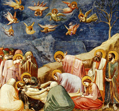 Lamentation
Giotto, Fresco, 1305, Maniera Greca
Shows the scene of Jesus's followers mourning his death, including Mary, St. John, Mary Magdalene
Mary holds Jesus head, Magdalene holds Jesus feet
Left shows the old testament scene of Jonah being swallowed by the wahle and returning to life, parrallels with New Testament scene of Christ dying and coming back to life
Stage created for figures as they picture space is very shallow
Diagonal cliff brings attention to Christ's head and at other end is the tree of life
Use of light and shadow to create mass and weight in the figures
Heavy emotions are present
Sadness emphasized by the grieving figures and angels above
Figures have halos around them showing their divinity
Space constructed with triangles symbolizing the holy trinity Lamentation
Giotto, Fresco, 1305, Maniera Greca
Shows the scene of Jesus's followers mourning his death, including Mary, St. John, Mary Magdalene
Mary holds Jesus head, Magdalene holds Jesus feet
Left shows the old testament scene of Jonah being swallowed by the wahle and returning to life, parrallels with New Testament scene of Christ dying and coming back to life
Stage created for figures as they picture space is very shallow
Diagonal cliff brings attention to Christ's head and at other end is the tree of life
Use of light and shadow to create mass and weight in the figures
Heavy emotions are present
Sadness emphasized by the grieving figures and angels above
Figures have halos around them showing their divinity
Space constructed with triangles symbolizing the holy trinity