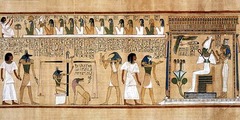 Last Judgement of Hu-Nefer, page from Book of the Dead
New Kingdom 1275 B.C.E.
Painted papyrus scroll
Hu nefer was a scribe with a priestly status
Goes through a process deciding whether or not he lived a ethical life and if he should continue to the afterlife
Anubis holding an Ankh symbolizing eternal life leads him into the hall where his heart is compared to a feather to see if it is lighter
Crocodile/Lion animal is ready to eat heart if it proves he didnt live ethically
Thoth on right documents this event
Osiris on the far right is overlooking this process and grants Nefer entrance to the afterlife
White base on right represents natron, the substance used to dry out/preserve bodies Last Judgement of Hu-Nefer, page from Book of the Dead
New Kingdom 1275 B.C.E.
Painted papyrus scroll
Hu nefer was a scribe with a priestly status
Goes through a process deciding whether or not he lived a ethical life and if he should continue to the afterlife
Anubis holding an Ankh symbolizing eternal life leads him into the hall where his heart is compared to a feather to see if it is lighter
Crocodile/Lion animal is ready to eat heart if it proves he didnt live ethically
Thoth on right documents this event
Osiris on the far right is overlooking this process and grants Nefer entrance to the afterlife
White base on right represents natron, the substance used to dry out/preserve bodies