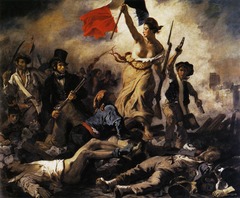 Liberty Leading the People
Delacroix, 1830, Oil on Canvas
July Revolution of 1830, Liberty with French tricolor marches over barricades to overthrow the governement soldiers
Red, white, blue echo throughout the painting
Strong pyramidical structure leading to the French flag
Child with pistols symbolizes the role of students in the revolt, middle class man recognizable by the top hat and carrying a rifle, lower class represented by man at extreme left with sword in hand and pistol at belt
Liberty wears a red Phrygian cap worn in the ancient world by freed slaves,
Notre Dame seen through the smoke on far right, french tricolor raised on its tower
Memorializes the overthrow of the French gov. in favor of the Liberty Leading the People
Delacroix, 1830, Oil on Canvas
July Revolution of 1830, Liberty with French tricolor marches over barricades to overthrow the governement soldiers
Red, white, blue echo throughout the painting
Strong pyramidical structure leading to the French flag
Child with pistols symbolizes the role of students in the revolt, middle class man recognizable by the top hat and carrying a rifle, lower class represented by man at extreme left with sword in hand and pistol at belt
Liberty wears a red Phrygian cap worn in the ancient world by freed slaves,
Notre Dame seen through the smoke on far right, french tricolor raised on its tower
Memorializes the overthrow of the French gov. in favor of the