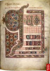 Lindisfarne Gosepls: St. Luke Incipit page
Hiberno Saxon, 700 C.E. Illuminated Manuscript
Written by Eadrith, bishop of Lindisfarne
Unusual because it was done by one person instead of a group of people
Written in Latin, English added in 970, oldest surviving manuscript of the bible in English
Latin- half-uncial
English- Anglo-Saxon miniscule
130 calf skins used to make it
Colophon at end tells who created it and how it was created
St. Luke's Incipit Page:
Opening words of St. Lukes Gospel appear on the riaght
Numerous celtic spiral ornaments, step patterns appear in the enlarged Lindisfarne Gosepls: St. Luke Incipit page
Hiberno Saxon, 700 C.E. Illuminated Manuscript
Written by Eadrith, bishop of Lindisfarne
Unusual because it was done by one person instead of a group of people
Written in Latin, English added in 970, oldest surviving manuscript of the bible in English
Latin- half-uncial
English- Anglo-Saxon miniscule
130 calf skins used to make it
Colophon at end tells who created it and how it was created
St. Luke's Incipit Page:
Opening words of St. Lukes Gospel appear on the riaght
Numerous celtic spiral ornaments, step patterns appear in the enlarged