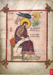 Lindisfarne Gosepls: St. Luke Portrait page
Hiberno Saxon, 700 C.E. Illuminated Manuscript
Written by Eadrith, bishop of Lindisfarne
Unusual because it was done by one person instead of a group of people
Written in Latin, English added in 970, oldest surviving manuscript of the bible in English
Latin- half-uncial
English- Anglo-Saxon miniscule
130 calf skins used to make it
Colophon at end tells who created it and how it was created
St Luke Portrait Page:
Traditional symbol of St. Luke the calf is shown above him
St. Luke identified with greek words Hagios Lucas
Wears a purple and red robe characteristic of late roman citizen/philosopher, shows roman influence
Heavily bearded St. Luke shows how wise of an author he was despite the young age he is depicted as
Sits with legs crossed and holding a scroll and writing utencil Lindisfarne Gosepls: St. Luke Portrait page
Hiberno Saxon, 700 C.E. Illuminated Manuscript
Written by Eadrith, bishop of Lindisfarne
Unusual because it was done by one person instead of a group of people
Written in Latin, English added in 970, oldest surviving manuscript of the bible in English
Latin- half-uncial
English- Anglo-Saxon miniscule
130 calf skins used to make it
Colophon at end tells who created it and how it was created
St Luke Portrait Page:
Traditional symbol of St. Luke the calf is shown above him
St. Luke identified with greek words Hagios Lucas
Wears a purple and red robe characteristic of late roman citizen/philosopher, shows roman influence
Heavily bearded St. Luke shows how wise of an author he was despite the young age he is depicted as
Sits with legs crossed and holding a scroll and writing utencil
