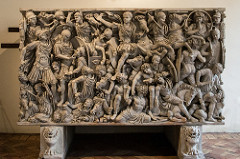 Ludovisi Battle Sarcophagus
Late Imperial Roman. c. 250 C.E. Marble
Change the ideas about cremation and burial. Extremely crowded surface with figures piled on top of each other. Figures lack individuality, confusion of battle is echoed by congested composition, and Roman army trounces bearded and defeat Barbarians. Ludovisi Battle Sarcophagus
Late Imperial Roman. c. 250 C.E. Marble
Change the ideas about cremation and burial. Extremely crowded surface with figures piled on top of each other. Figures lack individuality, confusion of battle is echoed by congested composition, and Roman army trounces bearded and defeat Barbarians.