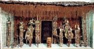 Malagan display and mask
New Ireland Province, Papua New Guinea. c. 20th century C.E. Wood, pigment, fiber, and shell
To serve as visual part of ceremony in which the dead are celebrated and assisted in their transition to the spiritual realm, the ceremonies length can be from months to years so sturdy materials for elaborate structures can withstand long time frame. Malagan display and mask
New Ireland Province, Papua New Guinea. c. 20th century C.E. Wood, pigment, fiber, and shell
To serve as visual part of ceremony in which the dead are celebrated and assisted in their transition to the spiritual realm, the ceremonies length can be from months to years so sturdy materials for elaborate structures can withstand long time frame.