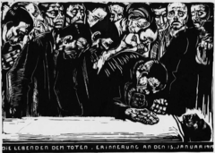 Memorial Sheet for Karl Liebknecht
Kathe Kollwitz,1919-1920, woodcut
Themes of war/poverty dominate her works
theme of women grieving over dead children, her son died in WWI then she became a socialist
Karl Liebnecht among the founder of the Berlin Spartacus League that became the German Communist Party
Liebnecht shot to death in 1919 Communist uprising, Sparatacus Revolt
Human grief dominates
Stark black and white woodcut used to magnify the grief
Same design as a lamentation, many heads at top showing how many people mourned over him, middle Memorial Sheet for Karl Liebknecht
Kathe Kollwitz,1919-1920, woodcut
Themes of war/poverty dominate her works
theme of women grieving over dead children, her son died in WWI then she became a socialist
Karl Liebnecht among the founder of the Berlin Spartacus League that became the German Communist Party
Liebnecht shot to death in 1919 Communist uprising, Sparatacus Revolt
Human grief dominates
Stark black and white woodcut used to magnify the grief
Same design as a lamentation, many heads at top showing how many people mourned over him, middle