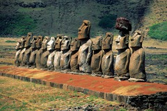 Moai on platform. Easter Island. 1100-1600 ce. volcanic tuff figures on basalt base Moai on platform. Easter Island. 1100-1600 ce. volcanic tuff figures on basalt base