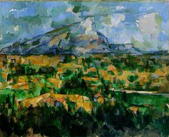 Mont Sainte-Victorie
Paul Cezanne,1902-1904, Oil on Canvas
Post Impressionism
One of a series of 11 paintings done with this view
Contempt for flat painting, effort to make round firm objects from geometric constructions of undiluted color
Intellectually order his picture plain with lines,planes, and colors found in nature
Used different tones/hues of color to create depth
Cool colors recede, warm colors advance
Landscape rarely includes humans
Interest in geometric forms and line, not the dappled effect of light sought after by Impressionists
Not a moment like impressionists, a solid, firmly constructed mountain/foreground
Invited to look at space but not enter Mont Sainte-Victorie
Paul Cezanne,1902-1904, Oil on Canvas
Post Impressionism
One of a series of 11 paintings done with this view
Contempt for flat painting, effort to make round firm objects from geometric constructions of undiluted color
Intellectually order his picture plain with lines,planes, and colors found in nature
Used different tones/hues of color to create depth
Cool colors recede, warm colors advance
Landscape rarely includes humans
Interest in geometric forms and line, not the dappled effect of light sought after by Impressionists
Not a moment like impressionists, a solid, firmly constructed mountain/foreground
Invited to look at space but not enter