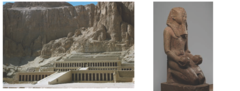 Mortuary Temple of Hatshepsut
Near Luxor Egypt, 1473-1458 B.C.E.
Sandstone and Red Granite
3 colonnaded terraces and 2 ramps
Rigid geometric quality of structure contrasts greatly with the natural striking cliffs behind
Structure carved directly into the cliff side with little to no structures in the area illustrating its importance as it was in such a powerful area with cliffs forming an amphitheater around it
First time in history that a woman's achievements are celebrated
Kneeling Statue of Hatshepsut
One of 200 statues at the temple, 10 statues identical to this one
Kneeling position as pharaohs would only kneel to a god, and she presents gifts in her hands to the sun god Amon Re
Given male attributes such as false beard, male costume, slender proportions, and only slight breasts Mortuary Temple of Hatshepsut
Near Luxor Egypt, 1473-1458 B.C.E.
Sandstone and Red Granite
3 colonnaded terraces and 2 ramps
Rigid geometric quality of structure contrasts greatly with the natural striking cliffs behind
Structure carved directly into the cliff side with little to no structures in the area illustrating its importance as it was in such a powerful area with cliffs forming an amphitheater around it
First time in history that a woman's achievements are celebrated
Kneeling Statue of Hatshepsut
One of 200 statues at the temple, 10 statues identical to this one
Kneeling position as pharaohs would only kneel to a god, and she presents gifts in her hands to the sun god Amon Re
Given male attributes such as false beard, male costume, slender proportions, and only slight breasts