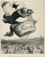 Nadar Raising Photography to the Height of Art
Honoré Daumier. 1862 C.E. Lithograph
Nadar, one of the most prominent photographers in Paris at the time, was known for capturing the first aerial photographs from the basket of a hot air balloon. Nadar Raising Photography to the Height of Art
Honoré Daumier. 1862 C.E. Lithograph
Nadar, one of the most prominent photographers in Paris at the time, was known for capturing the first aerial photographs from the basket of a hot air balloon.