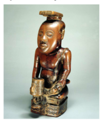 Ndop (portrait figure) of King Mishe miShyaang maMbul
Kuba peoples (Democratic Republic of the Congo). c. 1760-1780 C.E. Wood
The ndop of Mishe miShyaang maMbul is part of a larger genre of figurative wood sculpture in Kuba art. These sculptures were commissioned by Kuba leaders or nyim to preserve their accomplishments for posterity. Because transmission of knowledge in this part of Africa is through oral narrative, names and histories of the past are often lost. The ndop sculptures serve as important markers of cultural ideals. They also reveal a chronological lineage through their visual signifiers. Ndop (portrait figure) of King Mishe miShyaang maMbul
Kuba peoples (Democratic Republic of the Congo). c. 1760-1780 C.E. Wood
The ndop of Mishe miShyaang maMbul is part of a larger genre of figurative wood sculpture in Kuba art. These sculptures were commissioned by Kuba leaders or nyim to preserve their accomplishments for posterity. Because transmission of knowledge in this part of Africa is through oral narrative, names and histories of the past are often lost. The ndop sculptures serve as important markers of cultural ideals. They also reveal a chronological lineage through their visual signifiers.