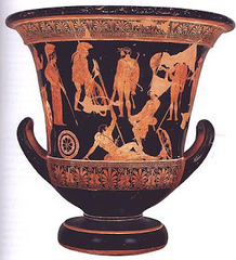 Niobides Krater
Anonymous vase painter of Classical Greece known as the Niobid Painter. c. 460-450 B.C.E. Clay, red-figure technique
By bringing in elements of wall paintings, the painter has given this vase its exceptional character. Wall painting was a major art form that developed considerably during the late fifth century BC, and is now only known to us through written accounts. Complex compositions were perfected, which involved numerous figures placed at different levels. This is the technique we find here where, for the first time on a vase, the traditional isocephalia of the figures has been abandoned. Niobides Krater
Anonymous vase painter of Classical Greece known as the Niobid Painter. c. 460-450 B.C.E. Clay, red-figure technique
By bringing in elements of wall paintings, the painter has given this vase its exceptional character. Wall painting was a major art form that developed considerably during the late fifth century BC, and is now only known to us through written accounts. Complex compositions were perfected, which involved numerous figures placed at different levels. This is the technique we find here where, for the first time on a vase, the traditional isocephalia of the figures has been abandoned.