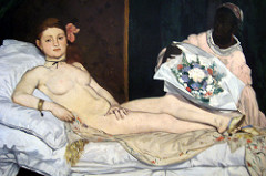 Olympia
Edouard Manet, 1863, OIl on Canvas
Created a scandal at the Salon of 1865
Traditional subject of a reclining nude inspired by Titian's Venus of Urbino
Figure is cold and uninviting, no emotion present
Maid deliver flowers from an admirer
Olympia was a common name for prostitutes of the time
Her direct, uncaring, unnerving look of confidence startled viewers as she acknowledged that the viewer was there but still didnt care that she was naked
Simplified modeling, active brushwork
Stark contrast of colors
Mistress used Parisian men
Female nude no longer idealized and perfect like past, lips to thin, asymetrical face
Figure lacks modeling everywhere except hands, critics pointed this out saying that her hands were Olympia
Edouard Manet, 1863, OIl on Canvas
Created a scandal at the Salon of 1865
Traditional subject of a reclining nude inspired by Titian's Venus of Urbino
Figure is cold and uninviting, no emotion present
Maid deliver flowers from an admirer
Olympia was a common name for prostitutes of the time
Her direct, uncaring, unnerving look of confidence startled viewers as she acknowledged that the viewer was there but still didnt care that she was naked
Simplified modeling, active brushwork
Stark contrast of colors
Mistress used Parisian men
Female nude no longer idealized and perfect like past, lips to thin, asymetrical face
Figure lacks modeling everywhere except hands, critics pointed this out saying that her hands were