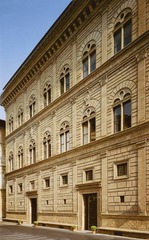 Palazzo Rucellai
Florence Italy, Leon Battista Alberti, 1450, Stone masonry
Comissioned by the Giovanni Ruccelai to compete the the Palazzo Medici recently constructed
Tripartite design taken from the colesseum with tuscan, ionic, and corinthian pilasters
Pilasters rise veritcally dividing the space into square shapes
Detailed entablature with a frieze divides each story
Frieze contains symbols of the Ruccelai family such as the billowing sails
Large cornice caps the building
Beveled masonry joints used instead of rusticated masonry seen in past buildings
Windows are square on first floor, then they have mullions on the 2nd/3rd floors
Use of humanistic values in its construction Palazzo Rucellai
Florence Italy, Leon Battista Alberti, 1450, Stone masonry
Comissioned by the Giovanni Ruccelai to compete the the Palazzo Medici recently constructed
Tripartite design taken from the colesseum with tuscan, ionic, and corinthian pilasters
Pilasters rise veritcally dividing the space into square shapes
Detailed entablature with a frieze divides each story
Frieze contains symbols of the Ruccelai family such as the billowing sails
Large cornice caps the building
Beveled masonry joints used instead of rusticated masonry seen in past buildings
Windows are square on first floor, then they have mullions on the 2nd/3rd floors
Use of humanistic values in its construction