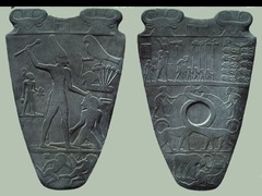 Palette of King Narmer
Pre-dynastic Egypt. c. 3000-2920 B.C.E Greywacke
Egyptian archelogical find, dating from about the 31st century B.C, containing some of the earliest hieroglyphic inscription ever found. Palette of King Narmer
Pre-dynastic Egypt. c. 3000-2920 B.C.E Greywacke
Egyptian archelogical find, dating from about the 31st century B.C, containing some of the earliest hieroglyphic inscription ever found.