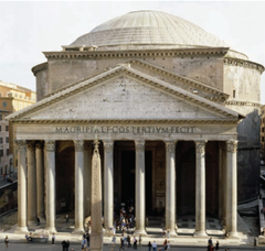Panthenon. Ancient Mediterranean. Imperial Roman. 118-125 CE. Concrete with stone facing
Form: concrete with stone facing, constructed between other buildings, inner side of the dome covered with bronze, outsidde looks like a regular rectangular temple until you go inside and see the dome, repetition of circles and squares, frieze windows, the hole on the dome is called Oculus
Function: dedicated to the seven planetary gods
Content: gods do not only belong in our universe
Context: street level is higher now, Hadrians love and power Panthenon. Ancient Mediterranean. Imperial Roman. 118-125 CE. Concrete with stone facing
Form: concrete with stone facing, constructed between other buildings, inner side of the dome covered with bronze, outsidde looks like a regular rectangular temple until you go inside and see the dome, repetition of circles and squares, frieze windows, the hole on the dome is called Oculus
Function: dedicated to the seven planetary gods
Content: gods do not only belong in our universe
Context: street level is higher now, Hadrians love and power