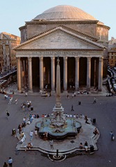 Pantheon
Imperial Rome, 118-125 C.E.
Concrete with stone facing
Commisioned by Hadrian
Temple used to worship all Roman gods
Colonnaded porch with corinthian columns, monoliths as they are one whole piece not cut like the Greeks, imported from Egypt
Facade has two pediments
Square panels on the floor along with the square coffering contrast against the roundness of the wall
Dome with coffering
Width exactly the same as height as if two spheres came together to construct the building, symbolizes the two spheres of life, earth and heaven where the gods lived
Walls very thick to support the weight of the dome
Open, uninterrupted space
Oculus allows from light to come in, acts as a sundial as a circle of light moved across the structure throughout the day
Inside has seven niches housing statues of gods with corinthian columns in between them
Possibly the most influential structure in history
Interior View as well Pantheon
Imperial Rome, 118-125 C.E.
Concrete with stone facing
Commisioned by Hadrian
Temple used to worship all Roman gods
Colonnaded porch with corinthian columns, monoliths as they are one whole piece not cut like the Greeks, imported from Egypt
Facade has two pediments
Square panels on the floor along with the square coffering contrast against the roundness of the wall
Dome with coffering
Width exactly the same as height as if two spheres came together to construct the building, symbolizes the two spheres of life, earth and heaven where the gods lived
Walls very thick to support the weight of the dome
Open, uninterrupted space
Oculus allows from light to come in, acts as a sundial as a circle of light moved across the structure throughout the day
Inside has seven niches housing statues of gods with corinthian columns in between them
Possibly the most influential structure in history
Interior View as well