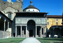 Pazzi Chapel
Basilicia di Santa Croce. Florence, Italy. Filippo Brunelleschi (architect) c. 1429-1461 C.E. Masonry
Pazzi chapel as a perfect space with harmonious proportions. He could achieve this result by including in his project-plan the knowledge gained during his stay in Rome when he focused primarily on measuring ancient buildings, for instance the Pantheon. The central dome is decorated with round sculptures and the coat of arms of Pazzi Family Pazzi Chapel
Basilicia di Santa Croce. Florence, Italy. Filippo Brunelleschi (architect) c. 1429-1461 C.E. Masonry
Pazzi chapel as a perfect space with harmonious proportions. He could achieve this result by including in his project-plan the knowledge gained during his stay in Rome when he focused primarily on measuring ancient buildings, for instance the Pantheon. The central dome is decorated with round sculptures and the coat of arms of Pazzi Family