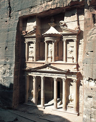 Petra, Jordan: Treasury and Great Temple
Nabateen Ptolemaic and Roman. c. 400 B.C.E - 100 C.E. Cut rock
These elaborate carvings are merely a prelude to one's arrival into the heart of Petra, where the Treasury, or Khazneh, a monumental tomb, awaits to impress even the most jaded visitors. The natural, rich hues of Arabian light hit the remarkable façade, giving the Treasury its famed rose-red color. Petra, Jordan: Treasury and Great Temple
Nabateen Ptolemaic and Roman. c. 400 B.C.E - 100 C.E. Cut rock
These elaborate carvings are merely a prelude to one's arrival into the heart of Petra, where the Treasury, or Khazneh, a monumental tomb, awaits to impress even the most jaded visitors. The natural, rich hues of Arabian light hit the remarkable façade, giving the Treasury its famed rose-red color.