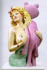 Pink Panther
Jeff Koons. 1988 C.E. Glazed porcelain
This piece is a part of his Banality series. It is a reflection of pop culture, juxtaposing the namesake popular children's' cartoon character with Jayne Mansfield, a sex symbol. Four essentially identical Pink Panther sculptures exist. They are an example of kitsch, meant to appeal to the masses. This piece later grew to be considered high art due to its popularity. Pink Panther
Jeff Koons. 1988 C.E. Glazed porcelain
This piece is a part of his Banality series. It is a reflection of pop culture, juxtaposing the namesake popular children's' cartoon character with Jayne Mansfield, a sex symbol. Four essentially identical Pink Panther sculptures exist. They are an example of kitsch, meant to appeal to the masses. This piece later grew to be considered high art due to its popularity.