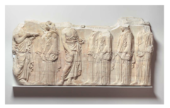 Plaque of the Ergastines from Acropolis
Depicts the Pan-Athenian procession where citizens of Athens came together and walked along the sacred way up to the Acropolis where the Parthenon stood
Shows contemporary real life event not common to temple sculpture
Figures appear noble and depicted naturally as it was the high classical period,
Intricate folds follow the form of the peoples bodies, other areas drapery falls straight down
Contrapposto pose showing dynamism of figures as they walk
6 Ergastines shown who were responsible for making the peplos that would be put on a sculpture of Athena during the festival Plaque of the Ergastines from Acropolis
Depicts the Pan-Athenian procession where citizens of Athens came together and walked along the sacred way up to the Acropolis where the Parthenon stood
Shows contemporary real life event not common to temple sculpture
Figures appear noble and depicted naturally as it was the high classical period,
Intricate folds follow the form of the peoples bodies, other areas drapery falls straight down
Contrapposto pose showing dynamism of figures as they walk
6 Ergastines shown who were responsible for making the peplos that would be put on a sculpture of Athena during the festival