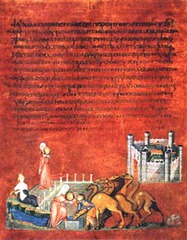 Rebecca and Eliezer at the Well and Jacob Wrestling the Angel, from the Vienna Genesis. Early Byzantine. early 6th century ce Illuminated manuscript....tempera, gold, and silver on purple vellum Rebecca and Eliezer at the Well and Jacob Wrestling the Angel, from the Vienna Genesis. Early Byzantine. early 6th century ce Illuminated manuscript....tempera, gold, and silver on purple vellum