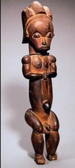 Reliquary Figure (byeri)
Fang, Cameroon, 19-20th century, wood
Figures placed at top of cylinder-like containers made of bark that hold skulls and other bones of important leaders
Feet dangling over rim in gesture of protecting its contents
Reliquary fiure guards the head box against the gaze of women/boys
Bieri figures composed of characteristics the Fang people place high value on: tranquility, vitality, introspection
Surfaces were rubbed with oil to add luser and protect from insects
Prominent belly buton/genitals emphasize life; prayerful gesture/somber expression are of death
Balance of life/death in same piece
Abstraction of body influenced by European artists of the 21st century Reliquary Figure (byeri)
Fang, Cameroon, 19-20th century, wood
Figures placed at top of cylinder-like containers made of bark that hold skulls and other bones of important leaders
Feet dangling over rim in gesture of protecting its contents
Reliquary fiure guards the head box against the gaze of women/boys
Bieri figures composed of characteristics the Fang people place high value on: tranquility, vitality, introspection
Surfaces were rubbed with oil to add luser and protect from insects
Prominent belly buton/genitals emphasize life; prayerful gesture/somber expression are of death
Balance of life/death in same piece
Abstraction of body influenced by European artists of the 21st century