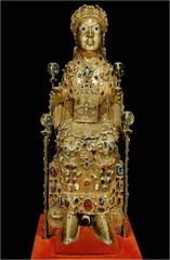 Reliquary of Saint Foy
9th century C.E., gold silver, gemstones, enamel over wood
Reliquary of a young girl martyred in the early fourth century; she refused to sacrificeto the Roman gods in a pagan ritual
Relics of her body stolen fora nearby town and enthroned in the Conques in 866
One of the earliest large scale sculpture in the Middle Ages
Jewels, gems, crown added over the years by the faithful
Childs skull is housed in the rather masculine looking enlarged head Reliquary of Saint Foy
9th century C.E., gold silver, gemstones, enamel over wood
Reliquary of a young girl martyred in the early fourth century; she refused to sacrificeto the Roman gods in a pagan ritual
Relics of her body stolen fora nearby town and enthroned in the Conques in 866
One of the earliest large scale sculpture in the Middle Ages
Jewels, gems, crown added over the years by the faithful
Childs skull is housed in the rather masculine looking enlarged head