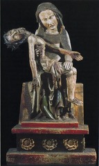 Rottgen Pieta. Late medieval europe. c. 1300-1325CE. Painted wood.
Form: painted wood, Christ skin is taut, Mary Holding Jesus, sharp crown, Marys head disproportionate
Function: Mary Queen of heaven, human emotion, pathos
Content: shows the Lamentation, Marys face shows her humanity
Context: late gothic, emotional appeal, located on an altar perhaps, surrounded by frescoes, german nunneries Rottgen Pieta. Late medieval europe. c. 1300-1325CE. Painted wood.
Form: painted wood, Christ skin is taut, Mary Holding Jesus, sharp crown, Marys head disproportionate
Function: Mary Queen of heaven, human emotion, pathos
Content: shows the Lamentation, Marys face shows her humanity
Context: late gothic, emotional appeal, located on an altar perhaps, surrounded by frescoes, german nunneries