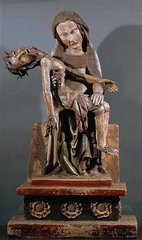 Röttgen Pietà
Late medieval Europe (Germany). c. 1300-1325 C.E. Painted wood
The statue's bold emotionalism in Mary and Jesus's face. If we focus on Mary's face, there is a mix of emotions in her gaze. The artist humanizes Mary by giving her strong emotions. Mary's face looks appalled and anguished because of her son's death, and there is also a sense of shock, and awe that anyone would kill her son- the Son of God. The artist had exaggerated Mary's sorrow in attempts to make it seem she was asking the viewer. Röttgen Pietà
Late medieval Europe (Germany). c. 1300-1325 C.E. Painted wood
The statue's bold emotionalism in Mary and Jesus's face. If we focus on Mary's face, there is a mix of emotions in her gaze. The artist humanizes Mary by giving her strong emotions. Mary's face looks appalled and anguished because of her son's death, and there is also a sense of shock, and awe that anyone would kill her son- the Son of God. The artist had exaggerated Mary's sorrow in attempts to make it seem she was asking the viewer.