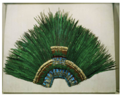 Ruler's headdress of Motecuhzoma II
Aztec, 1428-1520, Feathers and gold
400 long green feathers are tails of sacred quetzal birds, male birds produce only two such feathers each
400 symbolizes eternity
Only known feather headdress worldwide
Probably part of collection of artifacts given by montezuma to Cortez for Charles V the Holy Roman Emperor Ruler's headdress of Motecuhzoma II
Aztec, 1428-1520, Feathers and gold
400 long green feathers are tails of sacred quetzal birds, male birds produce only two such feathers each
400 symbolizes eternity
Only known feather headdress worldwide
Probably part of collection of artifacts given by montezuma to Cortez for Charles V the Holy Roman Emperor