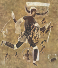 Running Horned Woman
Algeria, 6000-4000 B.C.E. Pigment on rock
Composite view of body, face is frontal, body is profile
Painting has great contrast b/w dark and light mediums
Detailed decorations found on woman
Large central woman has transparency to her allowing the background figures to be shown
Dots on body reflect body paint used for rituals Running Horned Woman
Algeria, 6000-4000 B.C.E. Pigment on rock
Composite view of body, face is frontal, body is profile
Painting has great contrast b/w dark and light mediums
Detailed decorations found on woman
Large central woman has transparency to her allowing the background figures to be shown
Dots on body reflect body paint used for rituals