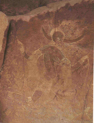 Running horned women
Tassili n'Ajjer, Algeria. 6000-4000 B.C.E. Pigment on rock.
The painting shows great contrast between the dark and light mediums used. There is also great detail put into the decorations of the woman. Most interestingly, though, there is a transparency to the larger woman and the figures behind her show through. Running horned women
Tassili n'Ajjer, Algeria. 6000-4000 B.C.E. Pigment on rock.
The painting shows great contrast between the dark and light mediums used. There is also great detail put into the decorations of the woman. Most interestingly, though, there is a transparency to the larger woman and the figures behind her show through.