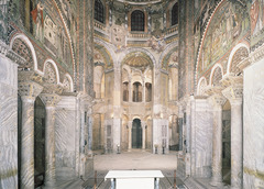 San Vitale Interior
Ravenna Italy, Early Byzantine, 6th century, brick marble, stone veneer, mosaic
8 sided, centrally planned church
Plain exterior with bricks used from previous Roman structures
Many windows to allow tremendous amount of light to illuminate the mosaics inside
Interior with thin unique columns and open arched spaces
Interior elements dematerialize the mass of the structure
Martyrium for St. Vitalis San Vitale Interior
Ravenna Italy, Early Byzantine, 6th century, brick marble, stone veneer, mosaic
8 sided, centrally planned church
Plain exterior with bricks used from previous Roman structures
Many windows to allow tremendous amount of light to illuminate the mosaics inside
Interior with thin unique columns and open arched spaces
Interior elements dematerialize the mass of the structure
Martyrium for St. Vitalis