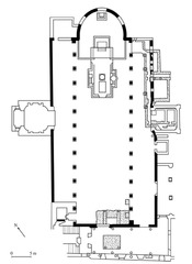Santa Sabina Plan
Rome, Italy 422-432 B.C.E.
Brick/Stone, Wood Roof
Three aisled basilican church
Long, tall, broad nave, axial plan
Spolia: tall columns taken from Temple of Juno in Rome, erected at this site, statement of Christian triumph over paganism
Arches/Corithian columns have a rhythm that leads eye to end with an apse and the altar
Arches have repeating motifs of a chalice and bread plates symbolizing the Eucharist
Clerestory windows made of gypsum that provide lots of light to shine on to the decorations inside
Flat timber roof, coffered ceiling, only thin walls needed to support light weight roof
Bare exterior, lavishly decorated interior,
Men in nave, women in aisle
Very influential in future christian churches Santa Sabina Plan
Rome, Italy 422-432 B.C.E.
Brick/Stone, Wood Roof
Three aisled basilican church
Long, tall, broad nave, axial plan
Spolia: tall columns taken from Temple of Juno in Rome, erected at this site, statement of Christian triumph over paganism
Arches/Corithian columns have a rhythm that leads eye to end with an apse and the altar
Arches have repeating motifs of a chalice and bread plates symbolizing the Eucharist
Clerestory windows made of gypsum that provide lots of light to shine on to the decorations inside
Flat timber roof, coffered ceiling, only thin walls needed to support light weight roof
Bare exterior, lavishly decorated interior,
Men in nave, women in aisle
Very influential in future christian churches