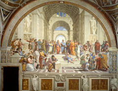 School of Athens
Raphael. 1509-1511 C.E. Fresco
Its pictorial concept, formal beauty and thematic unity were universally appreciated, by the Papal authorities and other artists, as well as patrons and art collectors. It ranks alongside Leonardo's Mona Lisa and The Last Supper, and Michelangelo's Vatican frescoes, as the embodiment of Renaissance ideals of the early cinquecento. School of Athens
Raphael. 1509-1511 C.E. Fresco
Its pictorial concept, formal beauty and thematic unity were universally appreciated, by the Papal authorities and other artists, as well as patrons and art collectors. It ranks alongside Leonardo's Mona Lisa and The Last Supper, and Michelangelo's Vatican frescoes, as the embodiment of Renaissance ideals of the early cinquecento.