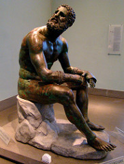 Seated boxer
Hellenistic Greek. c. 100 B.C.E. Bronze
The sculpure shows both body and visage to convey personality and emotion. It shows transformation of pain into bronze, a parallel of recent photos of our contemporary Olympic athletes after their strenuous competitions. Seated boxer
Hellenistic Greek. c. 100 B.C.E. Bronze
The sculpure shows both body and visage to convey personality and emotion. It shows transformation of pain into bronze, a parallel of recent photos of our contemporary Olympic athletes after their strenuous competitions.